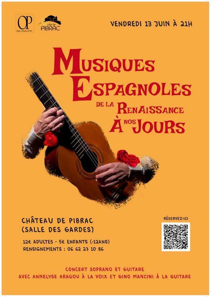   Réservations : https://www.helloasso.com/associations/orgues-et-patrimoine-de-pibrac/evenements/recital-guitare-chant/widget-vignette
>
> Un avant-goût du concert : ici
>
> Q
>
> uel autre instrument que la guitare pourrait mieux symboliser la musique espagnole ? Depuis le grec « kithara » (Cythare), l’étymologie du mot nous ramène au temps d’El Andalous, sous le nom arabe « qïtara » puis le nom espagnol « guitarra ». La guitare classique que nous connaissons aujourd’hui nous vient d’ailleurs du Luthier espagnol Antonio de Torres au 19ème siècle. Quel autre instrument que la voix pour partager ses accords ? Savez-vous que les deux instruments couvrent quasiment le même spectre fréquentiel ?
>
> Annelyse Aragou, soprano, professeur de chant depuis de nombreuses années en conservatoire et à Pibrac, ainsi que Gino Mancini, professeur de guitare de 1995 à 2022 au conservatoire de Colomiers et dans de nombreuses écoles de musique de la région, vous convient à un voyage dans le temps pour vous faire découvrir cette complicité instrumentale. Du 15ème siècle jusqu’à nos jours, leur musique vous transportera en ces lieux où a guitare est reine : en Espagne bien sûr, mais aussi au Brésil et en Argentine. A l’écoute de ces mélodies de compositeurs et poètes aux noms aussi évocateurs que Fernando Sor, Federico Garcia Lorca, Joachim Rodrigo, Heitor Villa Lobos, Manuel de Falla, vous sentirez la chaleur du soleil, le souffle de la nature, et éprouverez des sentiments de joie mêlés de nostalgie…
>
> Nous vous attendons le vendredi 13 juin à 21h pour partager avec eux ce moment musical dans le cadre somptueux du château de Pibrac.
Renseignements: 06 62 23 10 86
